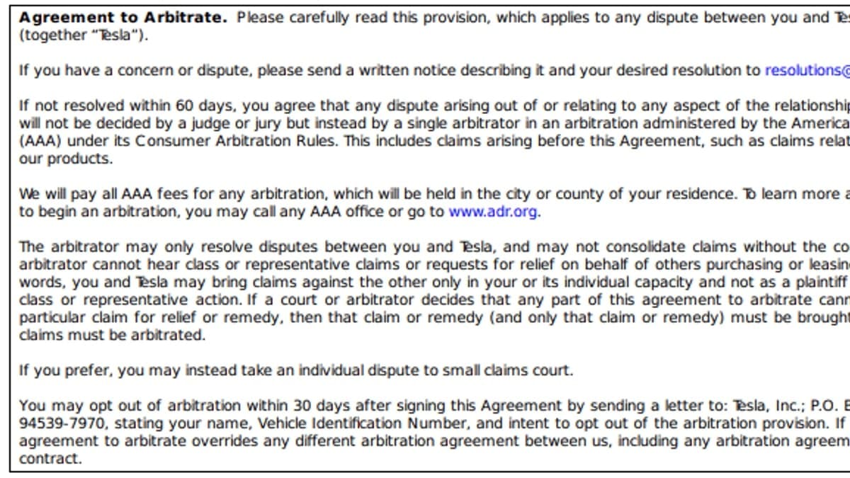 Tesla’s Arbitration Agreement Can Hurt Your Lemon Law Case