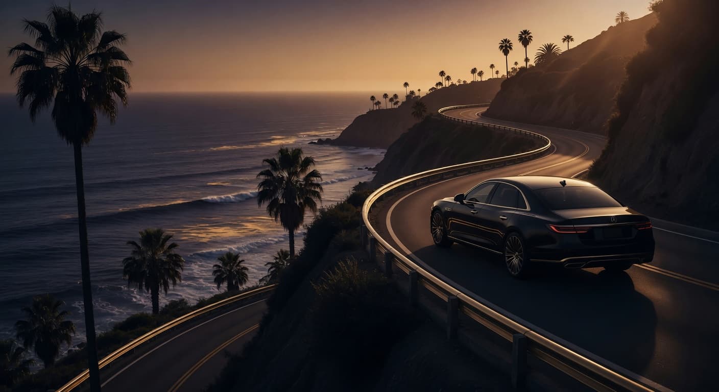 A luxury vehicle on a California coastal highway at sunset